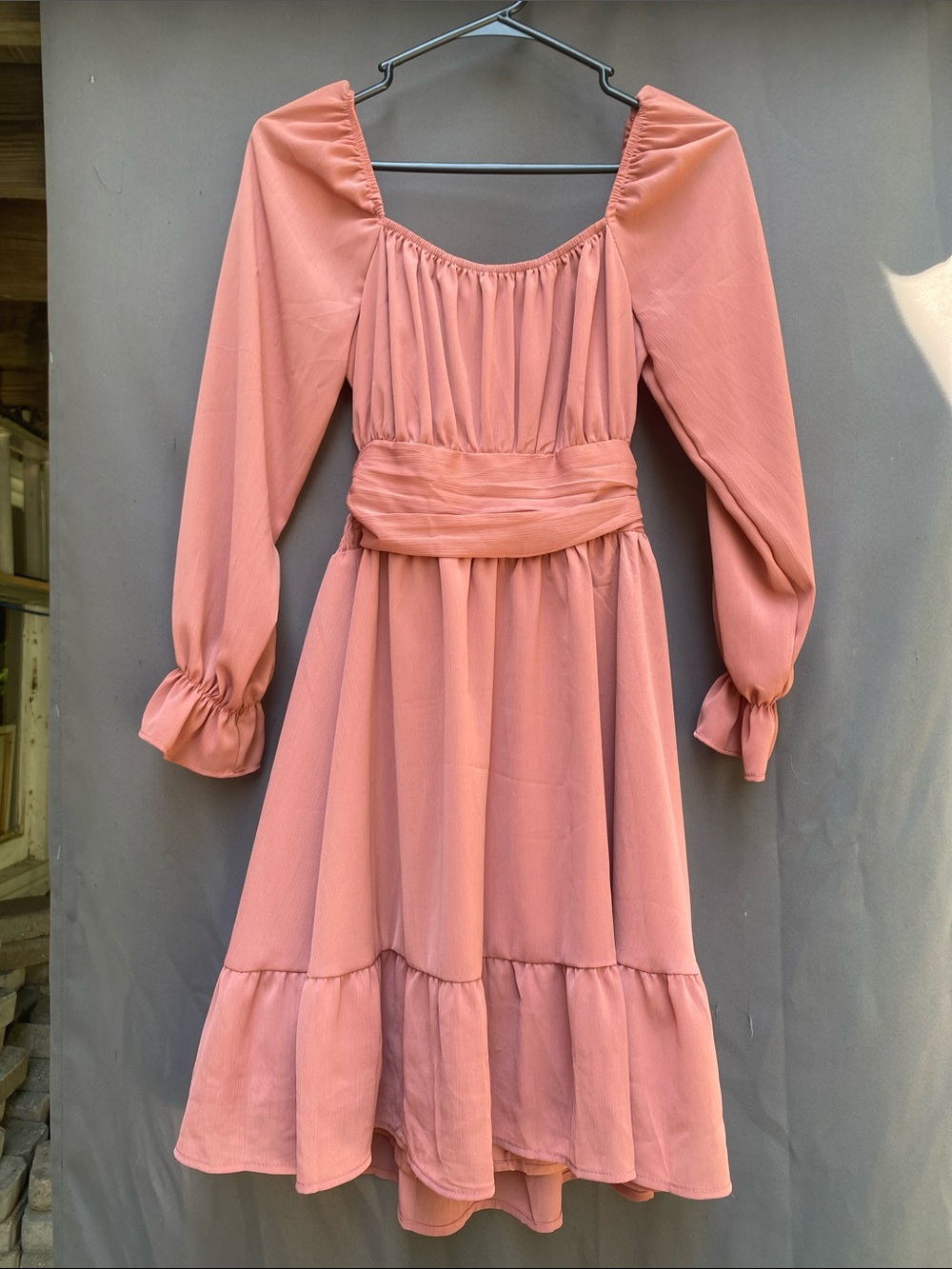 Girls Rose-Pink Long Sleeve Tiered Waist Formal Dress